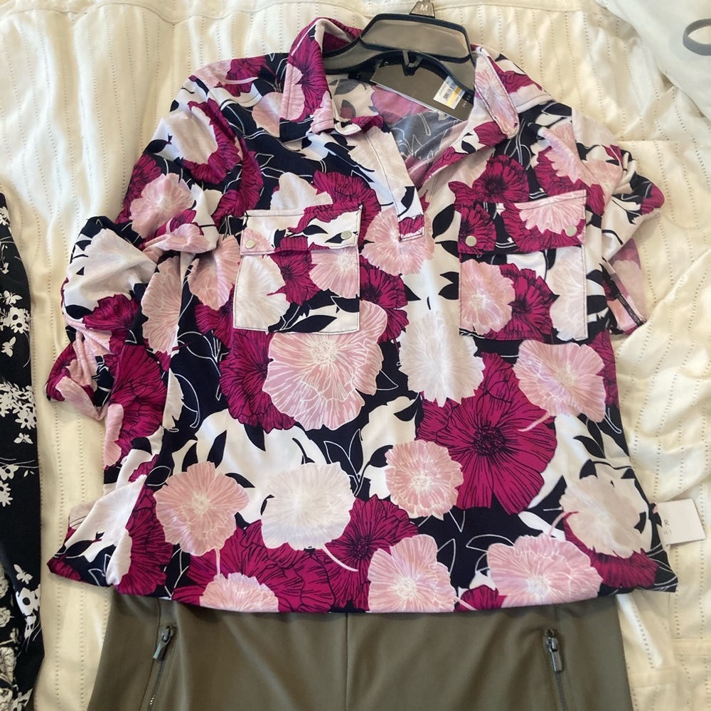 Jones New York Blouse Tab Sleeve Floral Print S - Picture 2 of 9